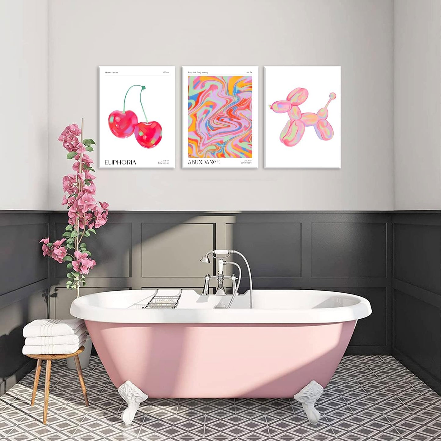 Framed Pink Preppy Wall Art Set of 3 Trendy Cute Balloon Dog Cherry Posters Abstract Aura Canvas Prints Modern Colorful Painting Retro Pop Art Decor Positive Picture for Living Room Bedroom 16x24in