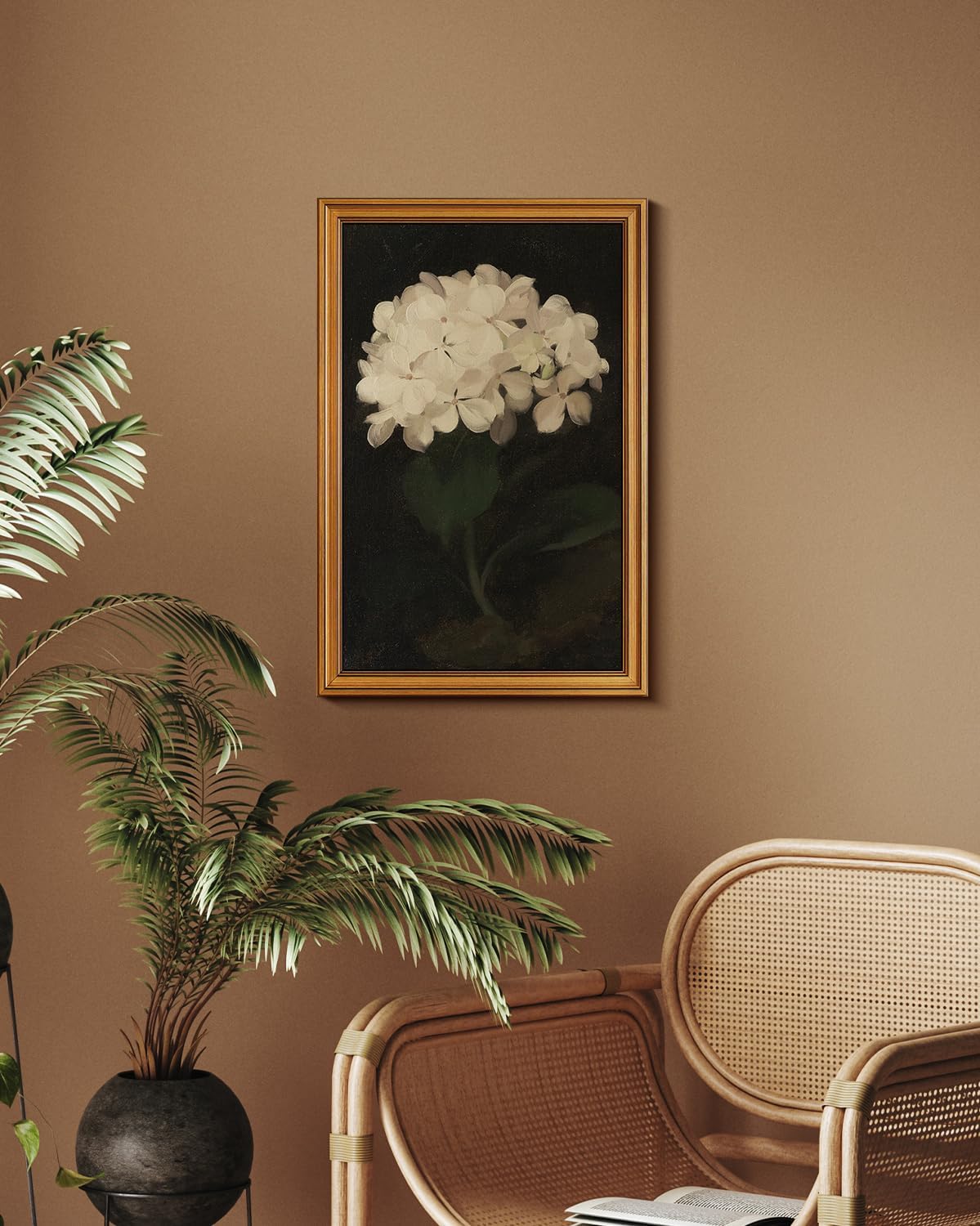 HUARCEY Gold Framed Vintage Wall Art for Living Room, Flowers Painting Canvas Prints Shelf Decor for Kitchen, Aesthetic Bedroom Wall Art, Christmas Gifts for Friends Family (White Hydrangea 16"x24")