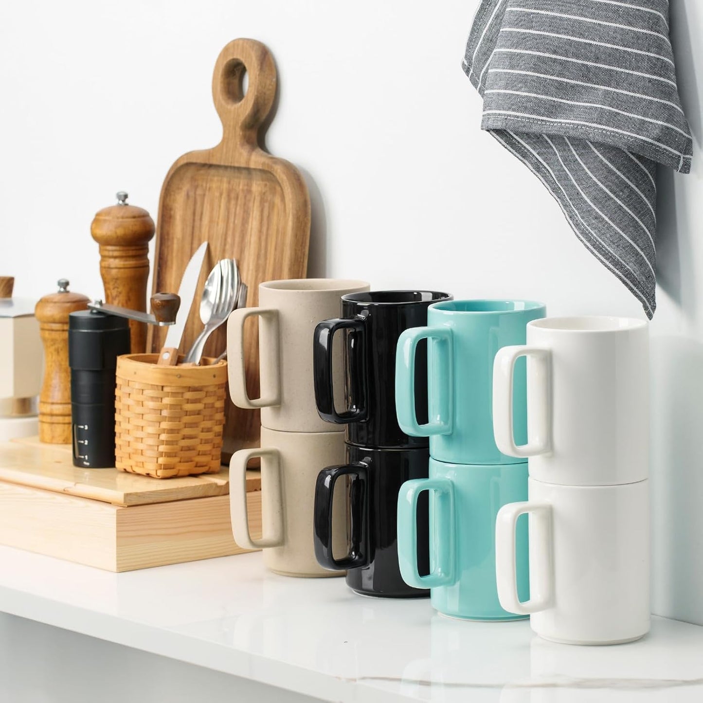 E-liu Porcelain Tea Mugs Coffee Mug Set, Large 15 Ounces Cups for Coffee, Tea, Cocoa, and Mulled Drinks, Set of 6, White