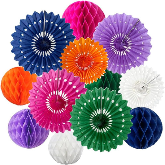 12pcs 6’’ 8’’ Honeycomb Balls Tissue Paper Fans Party Honeycomb Ball Fans Wall Tissue Pom Poms Flower Balls Hanging Paper Fans for Party Baby Shower Birthday Wedding Nursery Decor(Multicolored-2 kit)