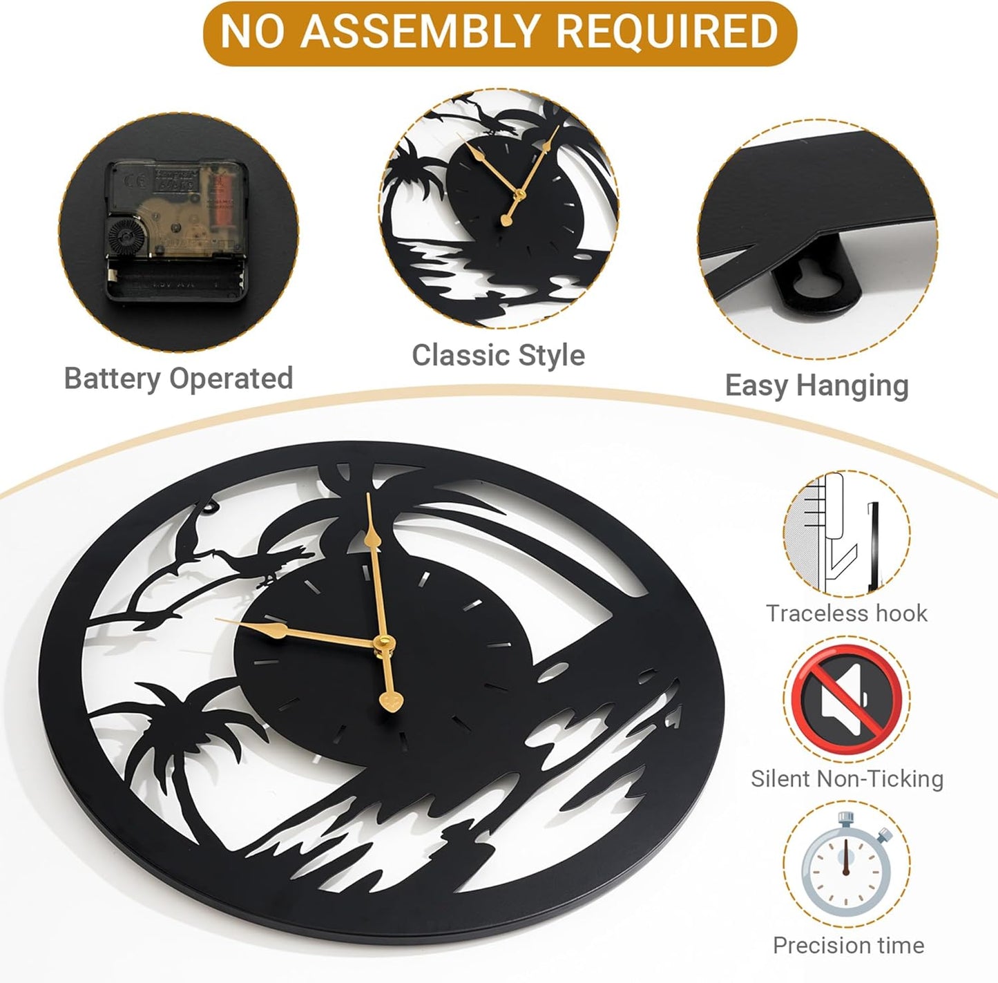 24inches/60cm Large Wall Clocks Battery Powered No Ticking Silent Round Black Modern Unique Metal Wall Clocks Suitable Living Room Kitchen Bedroom Fireplace Office Farmhouse。