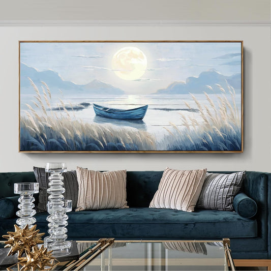 amatop Oversized Framed Coastal Wall Art for Living Room Blue Boat Moon Sea Picture Landscape Canvas Print Calming Night Ocean Lake Scene Large Artwork Nautical Bedroom Office Wall Decor 58x29 In
