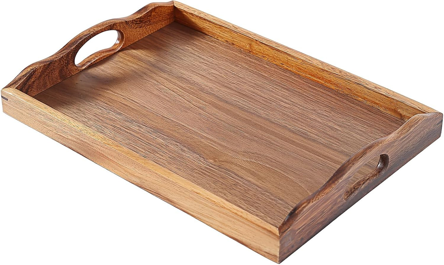 Nature Walnut Wooden Serving Tray with Handles, Solid Wood Food Tray for Coffee, Breakfast, Dinner, Ottoman,16.6x11.8x2.4 inches