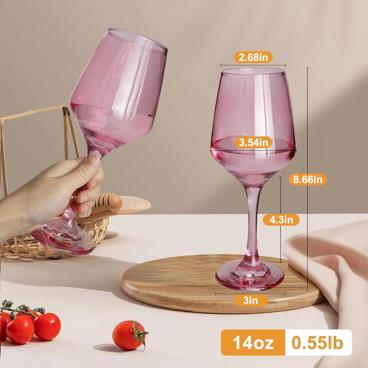 Colored Wine Glasses Set of 6-14oz Colorful Long Stem Wine Glass, Multi Color Pretty Crystal Glassware, Hand Blown Goblets Drinkware, Unique Stemware Wine Glass Holiday Gift Set