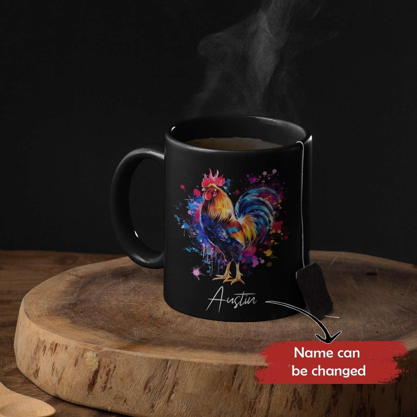 Customized Name Rooster Coffee Mug - Gift for Men Women, Personalized Black Cup, Unique Chicken Ceramic 11oz 15oz, Funny Colorful Themed