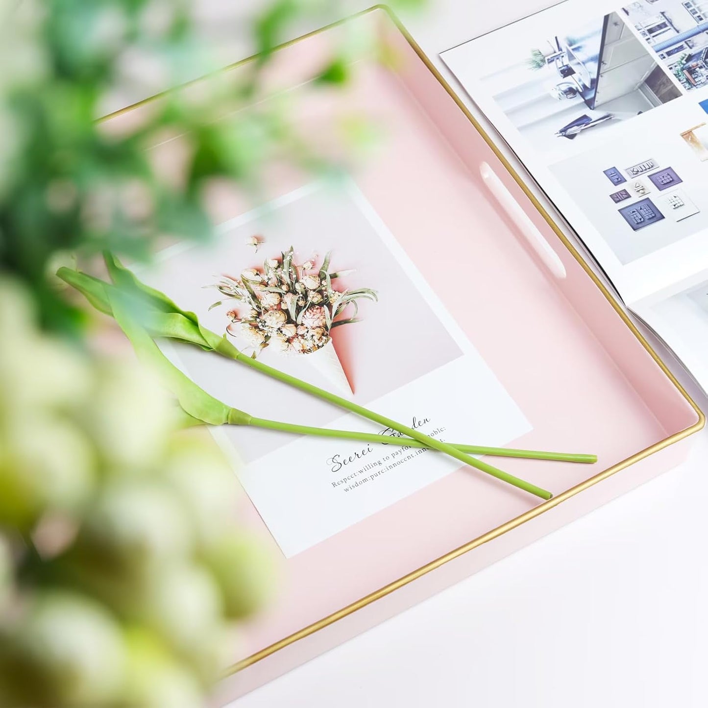 Spsyrine Pink Decorative Serving Tray with Handles, 13" X 13" Square Plastic Coffee Table Tray for Ottoman, Living Room, Bathroom, Home Decor.