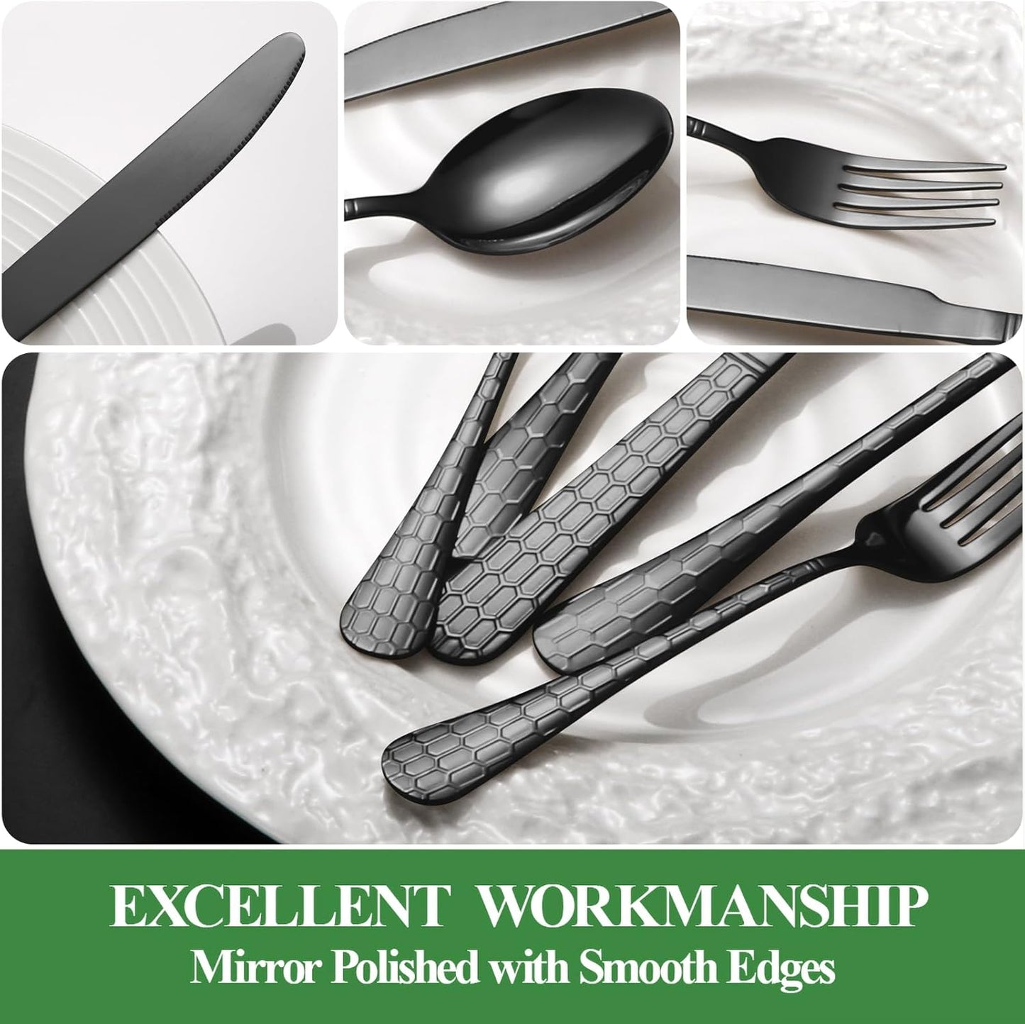 40 Pcs Black Silverware Set for 8 with Water Cube Handle design, Food Grade Stainless Steel Flatware Set, Eating Utensils Sets Include Fork/Knife/Spoon, Reusable Cutlery Set, Dishwasher Safe