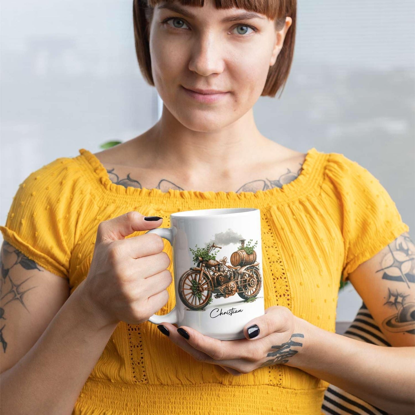 Customized Steampunk Motorcycle Mug With Vintage Design, Personalized Choose Name Coffee Cup 11oz Or 15oz, Custom Steampunk Mug, Unique Steam Engine White Ceramic Mug, Gift For Dad