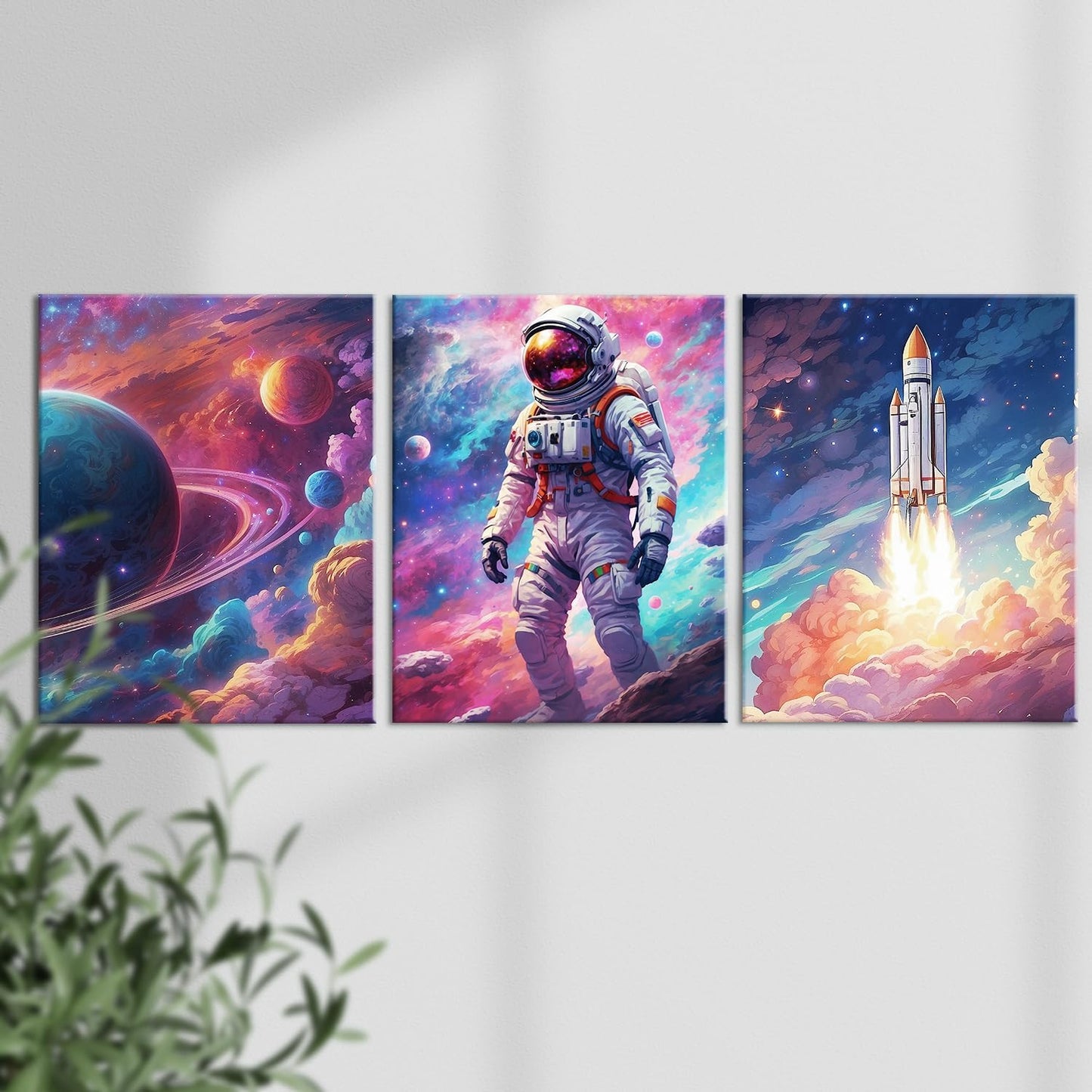 Outer Space Art Wall Decor Astronaut Spaceman Planets Spaceship Canvas Prints Posters Framed Artwork Space Room Boys Bedroom Playroom Nursery Home Space Decorations, 3 Panels
