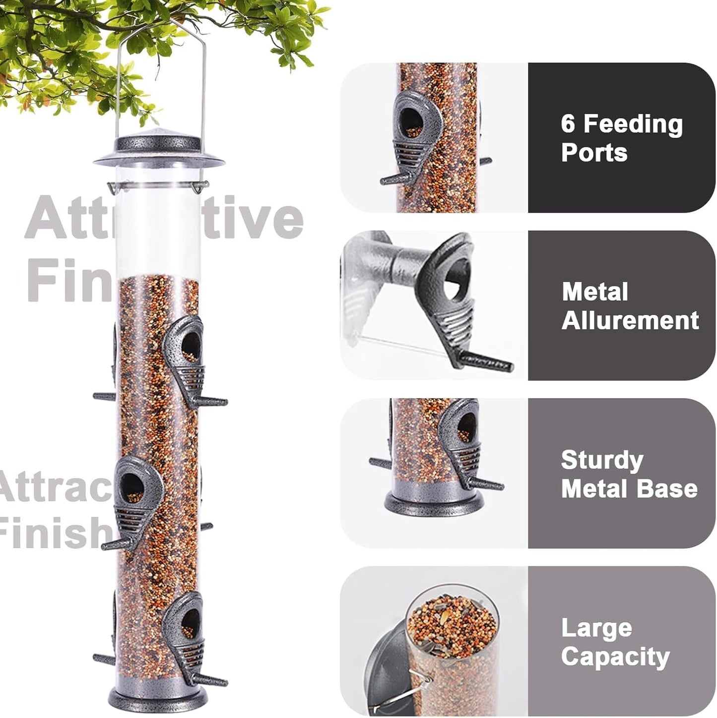 MIXXIDEA 1PK Metal Bird Feeders with 6 Feeding Ports,Tube Bird Feeder with Steel Hanger,Hard Plastic Wild Bird Feeder for Outdoors Hanging, Attracting Birds in Your Lawn, Garden, Balcony-Grey