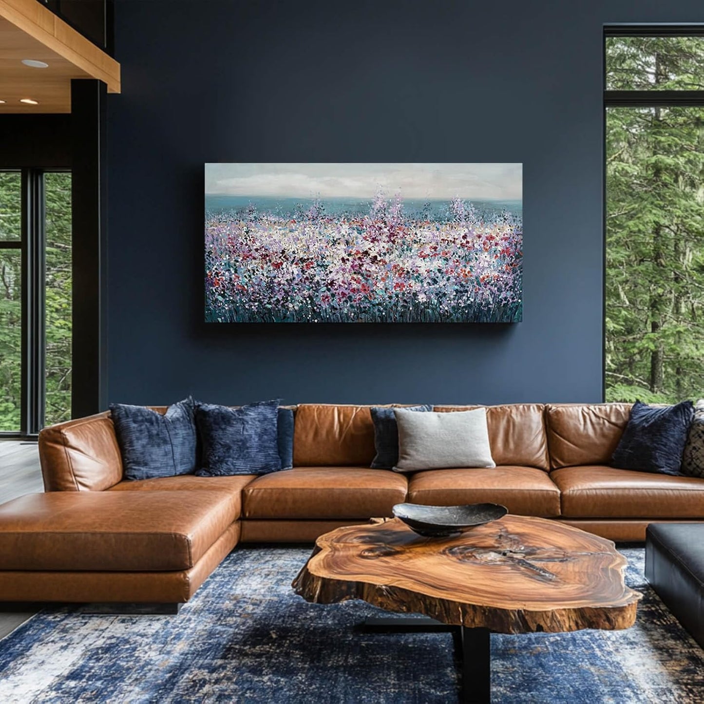 CHUDANHAO Blue Coastal Wall Art Colorful Wall Decor Flowers Canvas Prints for Office 29x58 Inch Large Landscape Painting for Living Room Bedroom