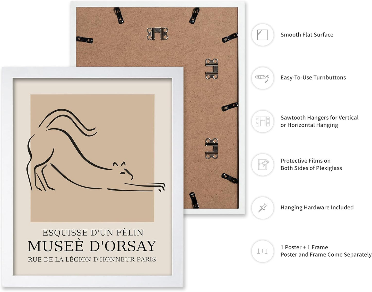 Poster Master Vintage Poster - Retro Minimalist Print - Gift for Artist, Housewarming - Cat, Line Drawing, Sketch, Abstract - Wall Decor for Living Room, Bedroom, 8x10 White Framed