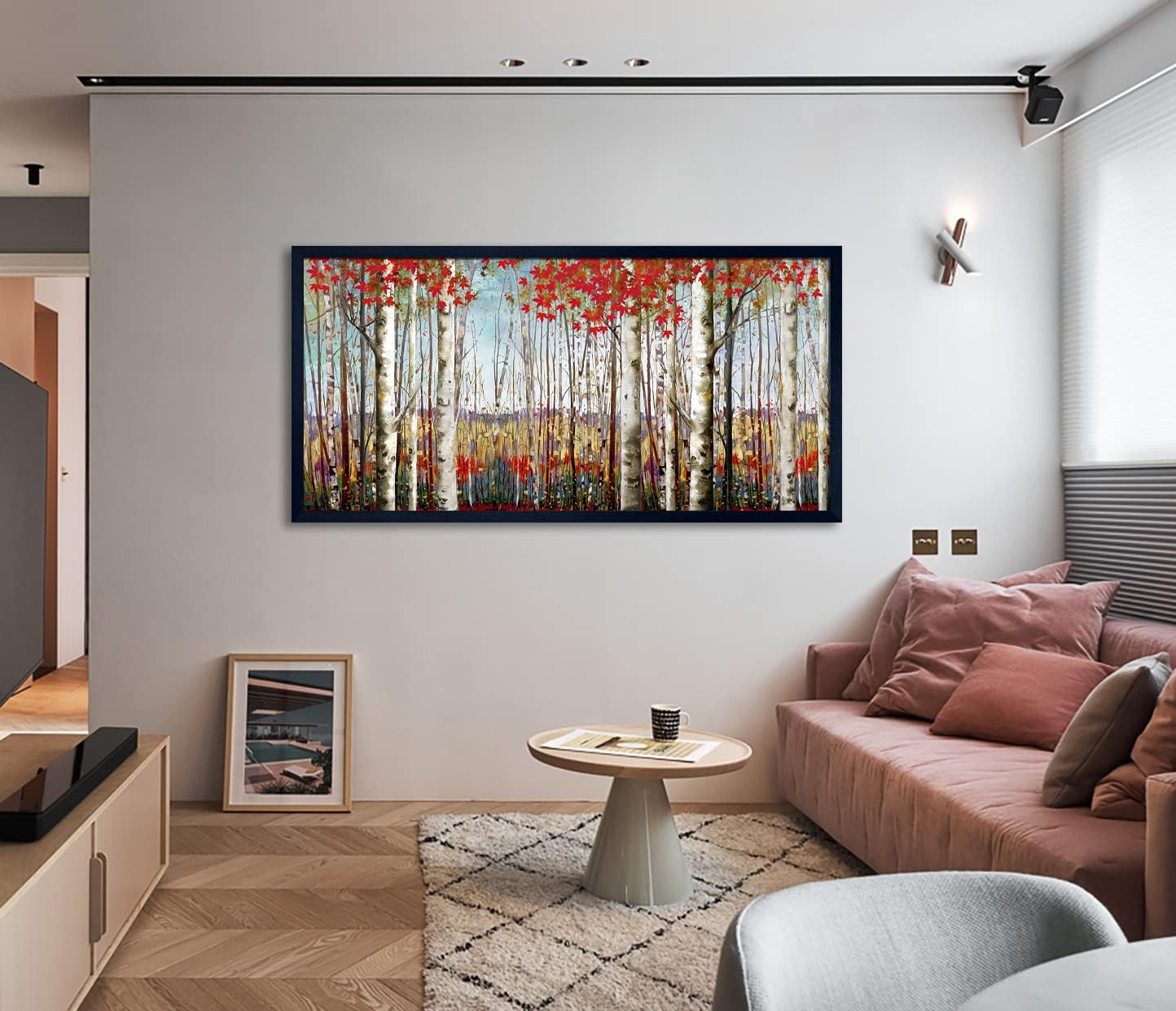 Large Framed Wall Art for Living Room Bedroom Modern Wall Decor of Red Leaves White Birch Tree Forest Giclee Painting Artwork Wall Decoration 29x58 Large Size Black Framed