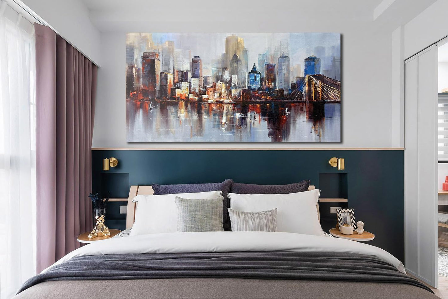Arjun Brooklyn Bridge Wall Art Modern New York City Abstract Canvas Cityscape Painting, NYC Skyline Textured Picture for Living Room Bedroom Home Office Wall Decor Extra Large Size Framed 58"x29"