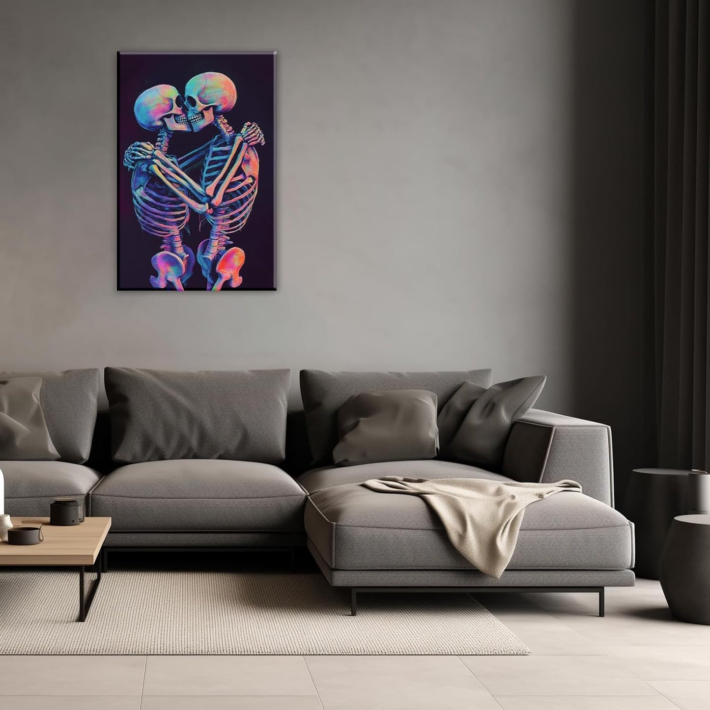Skeleton Wall Art Kissing Skull Art Poster Skeleton Lover Picture Print On Canvas Abstract Horrible Theme Painting Framed Artwork Living Room Decor(Artwork-3,12"x18")