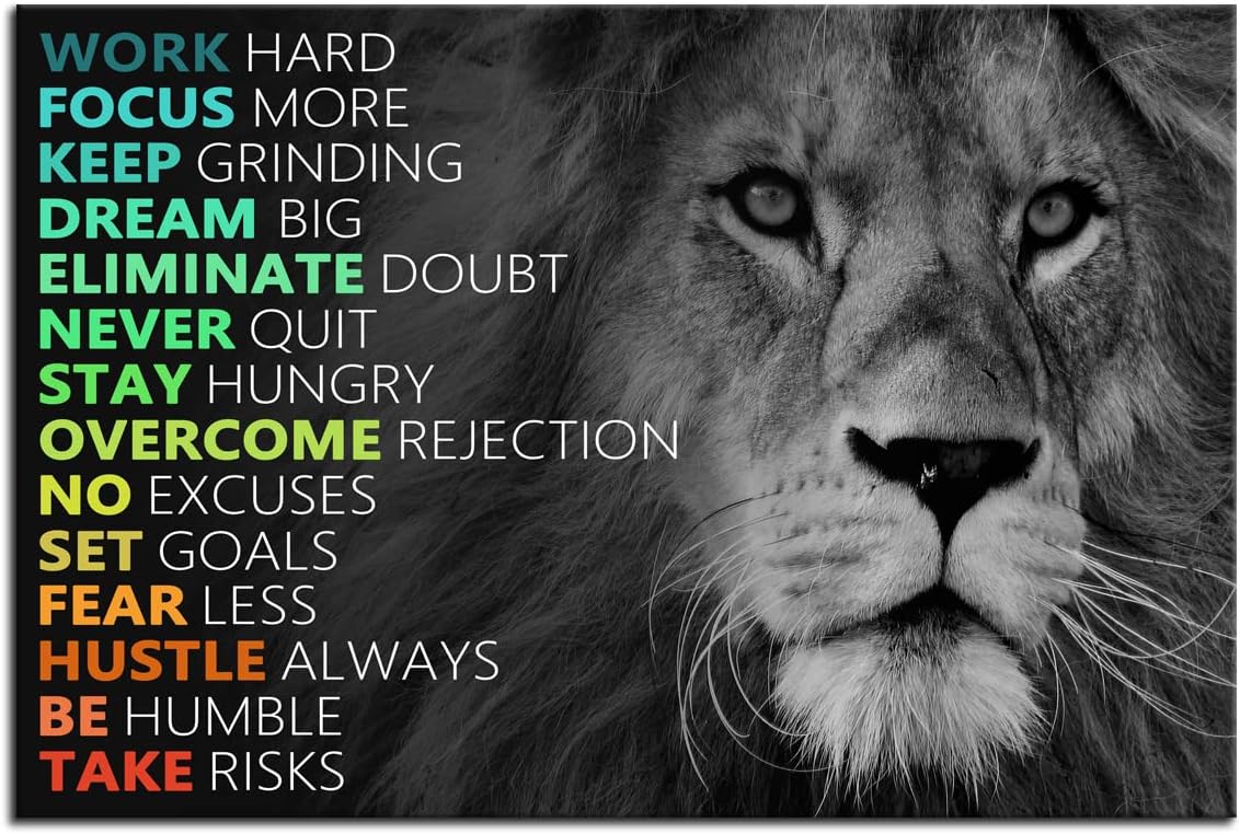 Motivational Poster Animal Inspirational Canvas Wall Art Lion Inspiring Canvas Prints Artwork for Office Living Room Modern Home Decor Painting Stretched and Framed Ready to Hang [18''Wx 12''H]