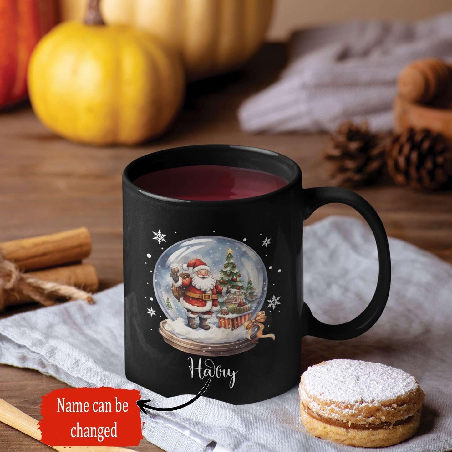 Custom Snow Ball Design Mug With Name, Personalized Black Cup 11oz 15oz, Snow Ball With Santa Claus And Christmas Tree Inside Design, Customized Christmas Themed Coffee Cup