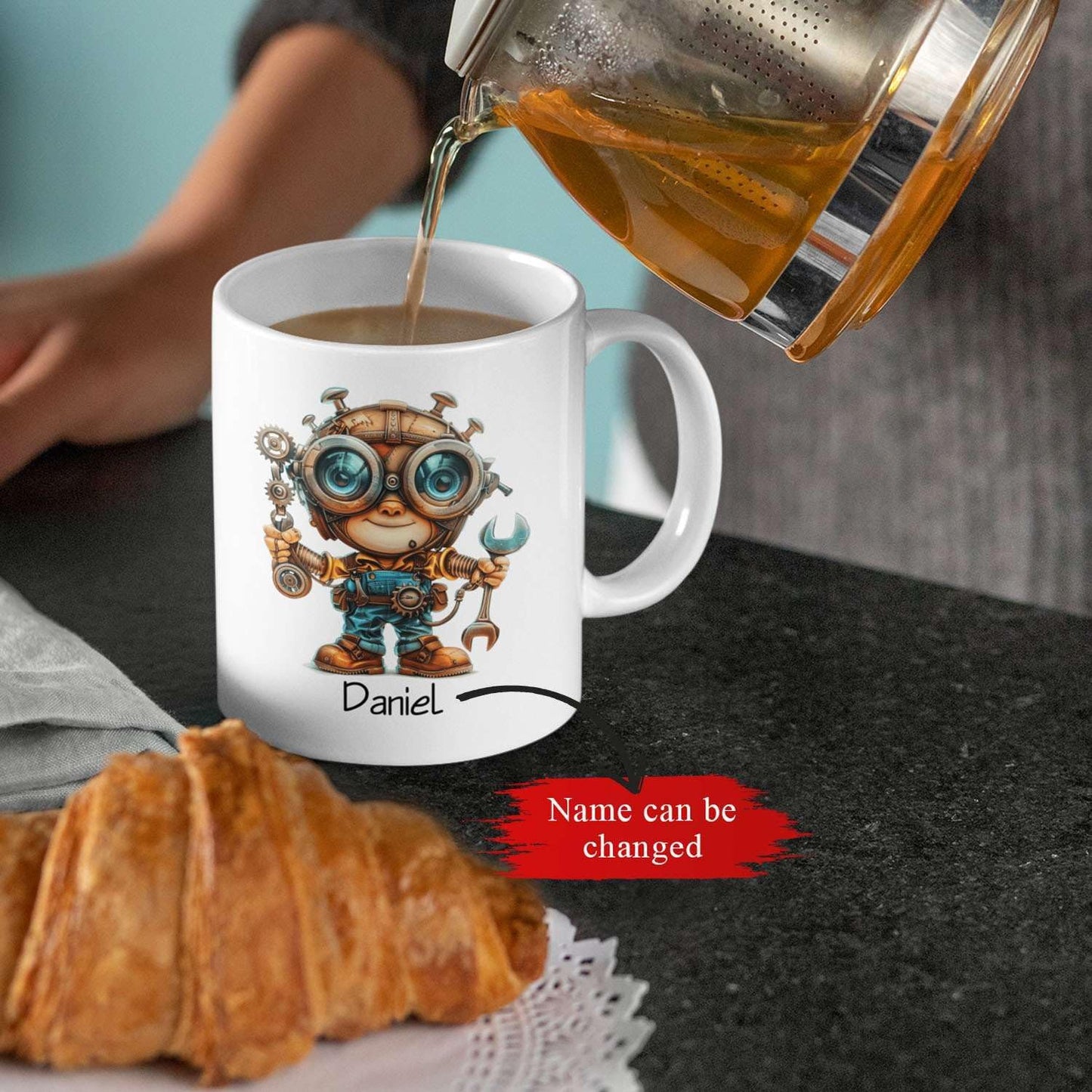 Personalized Tech Enthusiast Coffee Cup 11oz 15oz, Customized Steampunk Character Design Ceramic Mug, Unique Custom Name Mug Gift For Engineer, Kid Cup, Cute Mechanic White Cup