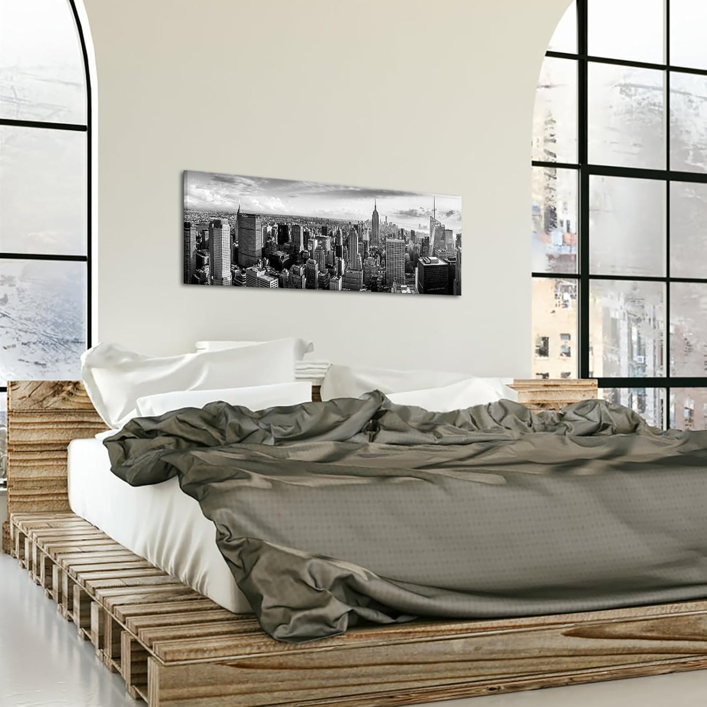 LevvArts New York Canvas Wall Art Black and White City Skyline Picture Panoramic Photo Canvas Print Modern Home Office Living Room Wall Decoration Ready to Hang 20"x55"
