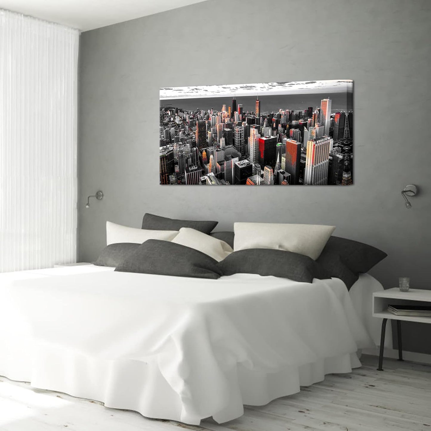 Nachic Wall Black and White Chicago Canvas Print Art Modern Chicago Downtown at Sunset Pictures Painting Modern Cityscape Giclee Artwork for Home Office Living Room Bedroom Decoration 24x48Inches