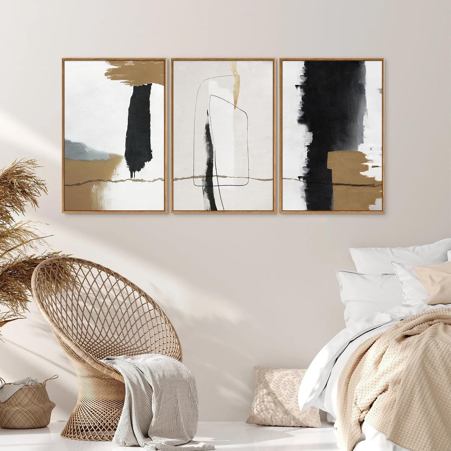 SIGNINART Black and White Abstract Framed Canvas Wall Art Set of 3, Beige Neutral Art Prints, Minimalist Modern Wall Decor for Living Room, Bedroom, Office,Above Couch 16"x24"x3