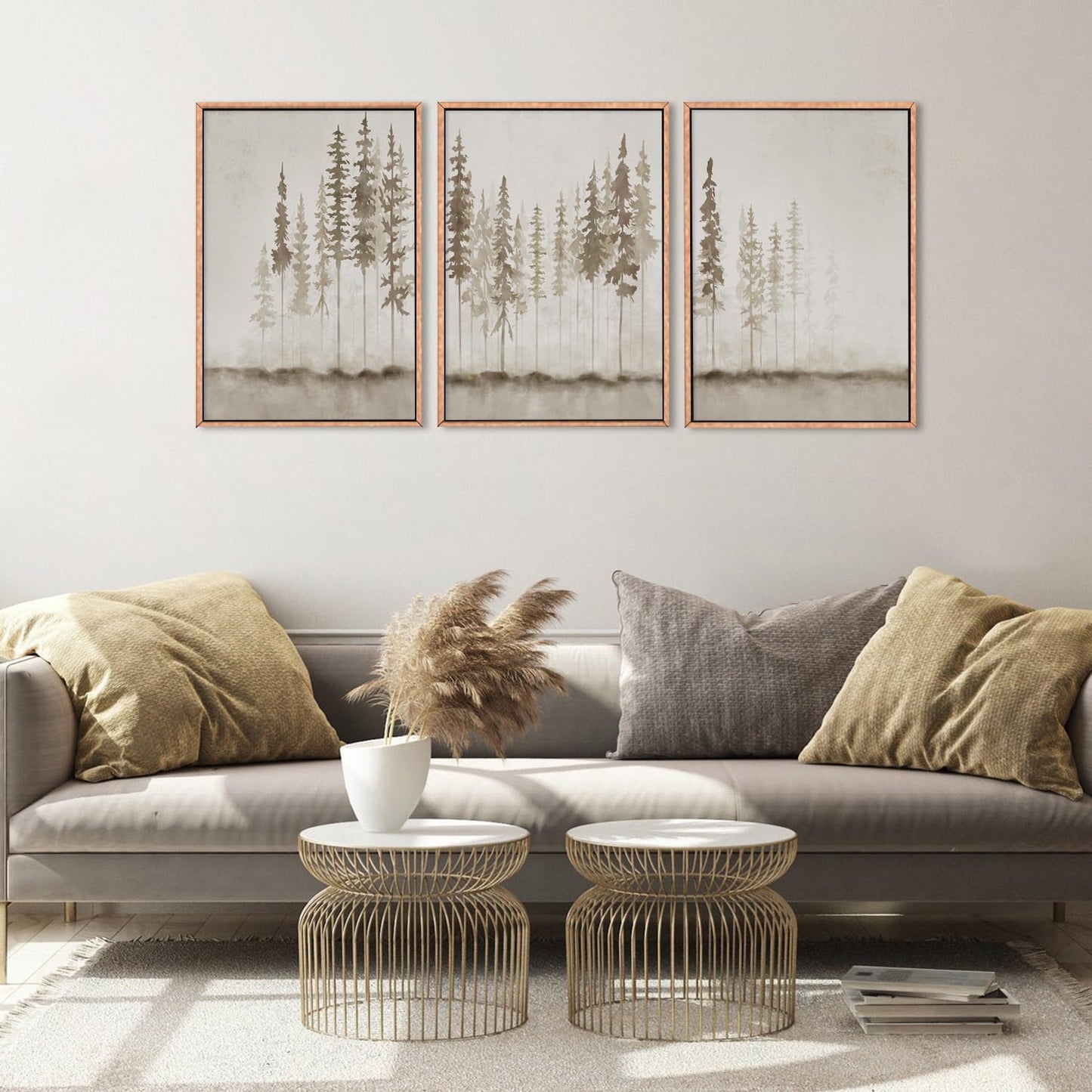 HPINUB Misty Forest Framed Canvas Wall Art Set, Foggy Pine Tree Wall Decor, Pastel Nature Landscape Wall Painting, Evergreen Coniferous Plant Art Print for Living Room, Bedroom, Office-24 x36 x3