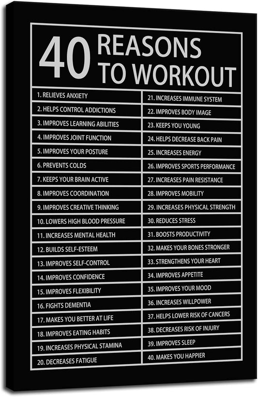Motivational Posters 40 Reasons to Workout Inspirational Wall Art Picture Printed Stretched and Framed for Office Wall Art Modern Home Decor Canvas Painting Artwork Ready to Hang [24''W x 36''H]