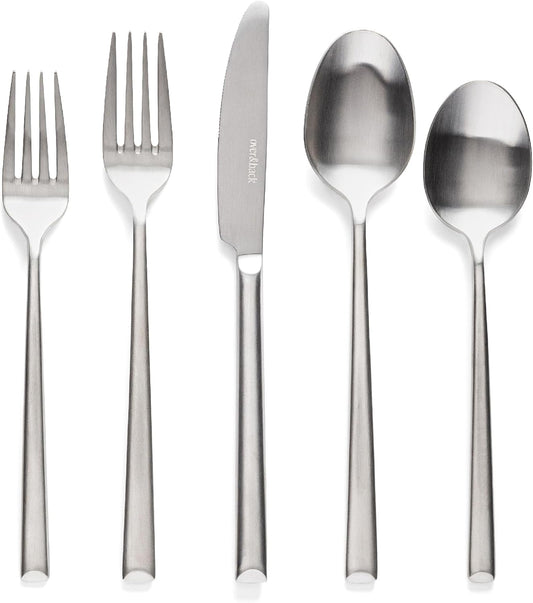 over&back 20pc Modern Flatware Cutlery Set - Comes with 4 Dinner Forks, 4 Salad Forks, 4 Dinner Knives, 4 Dinner Spoons, and 4 Teaspoons - 18/8 Stainless Steel - Dishwasher-Safe - Brushed Stainless