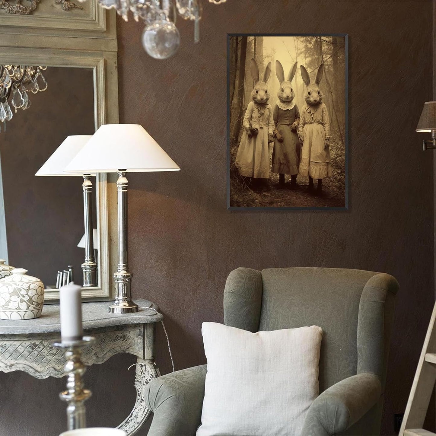 Vintage Horror Spooky Three Rabbits In Occult Forest Spooky Canvas Wall Art Poster Gothic Dark Academia Decorations Room Creepy Print Retro Halloween Wall Decor 24X36inch Aluminum Framed