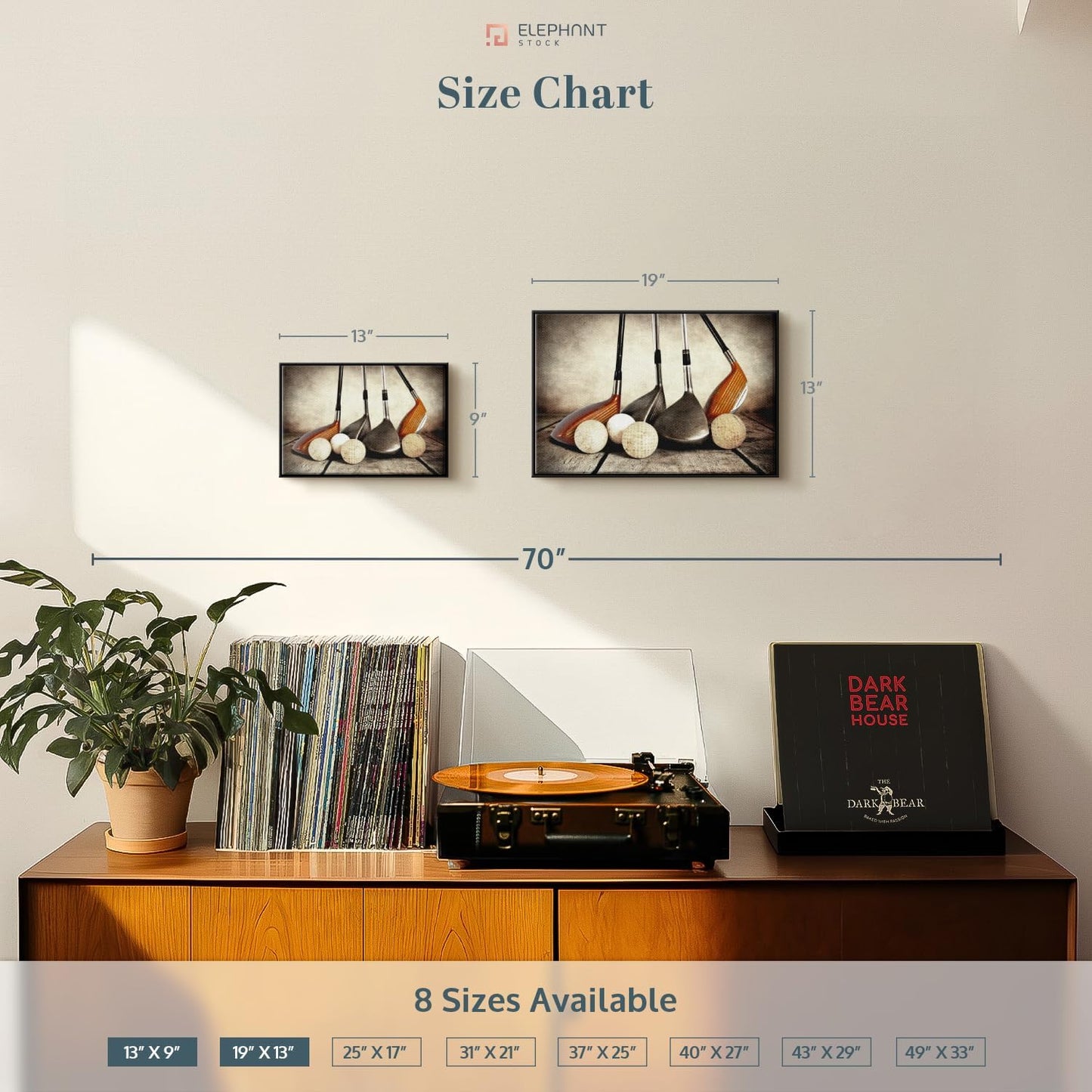 Elephant Stock Golf Sets Wall Art - Horizontal Framed Canvas - 1-Piece Mancave Wall Decor - Photography Sports Canvas Print - Yellow and Brown Decor for Wall - 19" X 13"