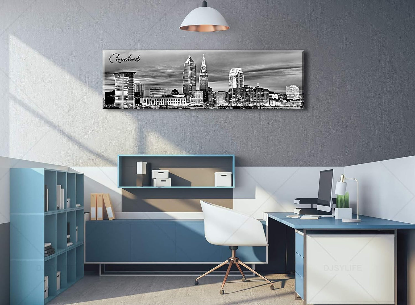 Cleveland Skyline Decor Wall Art Canvas Prints Black and White Night View USA Cityscape Panoramic Painting for Bedroom Office Framed and Ready to Hang 13.8"x47.3"