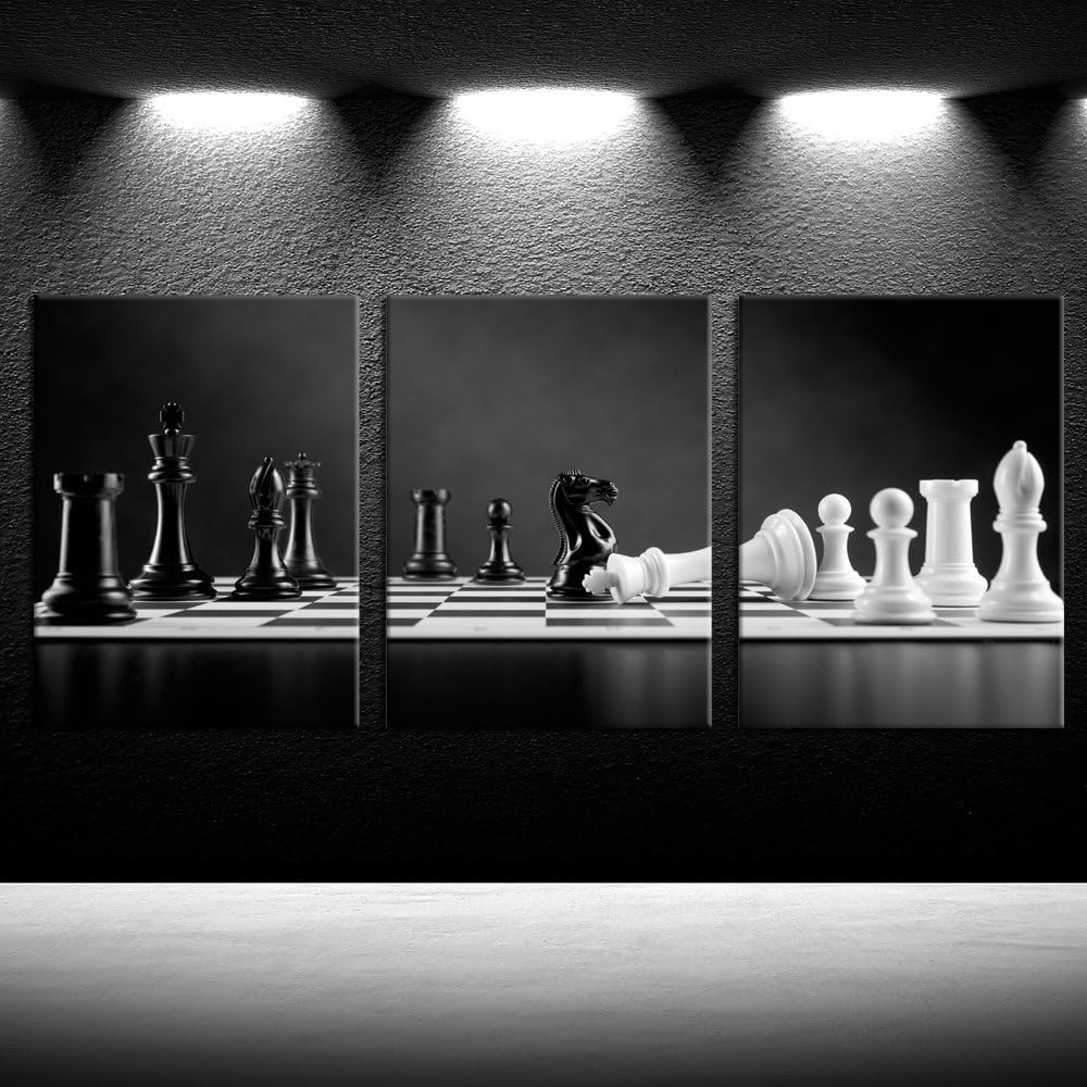 iKNOW FOTO 3 Panel Modern Black and White Chess Board Canvas Wall Art Poster Prints Checkmate Move on Chessboard Pictures Still Life Painting Framed Giclee Artwork for Office Decor 12x16inchx3pcs