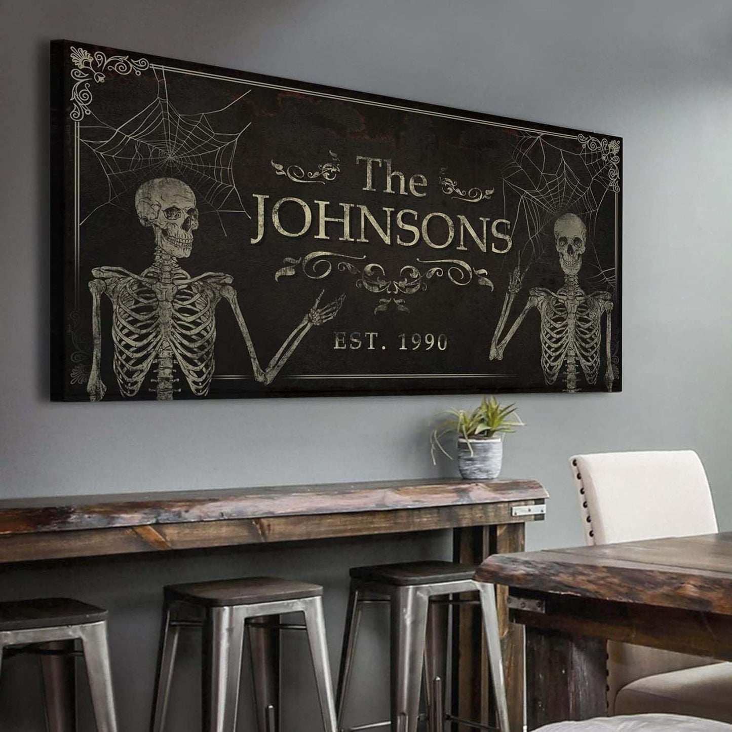 Tailored Canvases Gothic Family Wall Decor - Personalized Grunge Vintage Skeleton Room Decor for Home, Halloween Lovers, Men & Women for Bedroom, Living Room - Goth Spooky, Custom Couple Name, 48"x24"