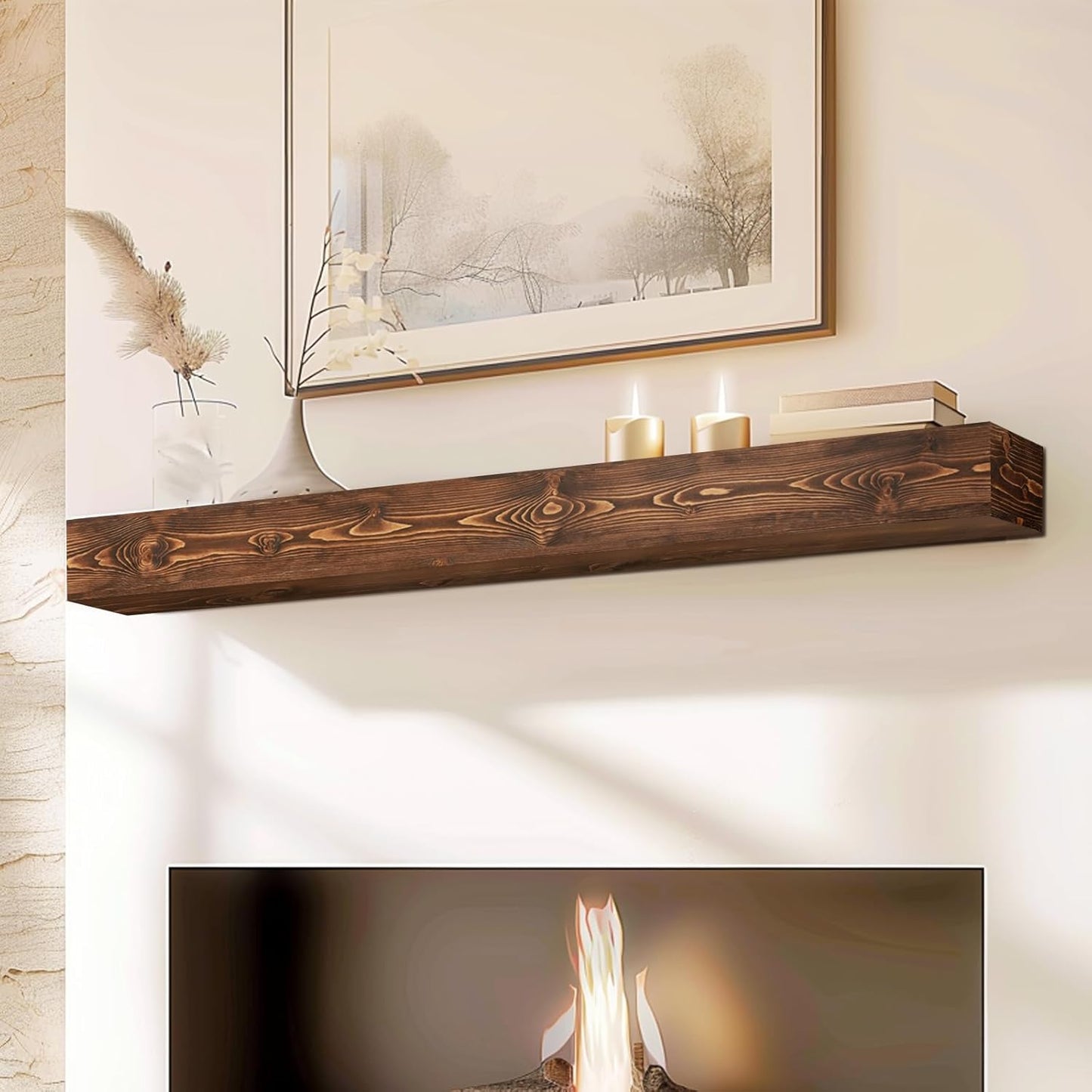56x8x5 Fireplace Mantel - Handcrafted Hollow Rustic Solid Wood Wall Mounted Floating Shelf with Invisible Heavy Duty Wood Bracket (Weathered Brown)