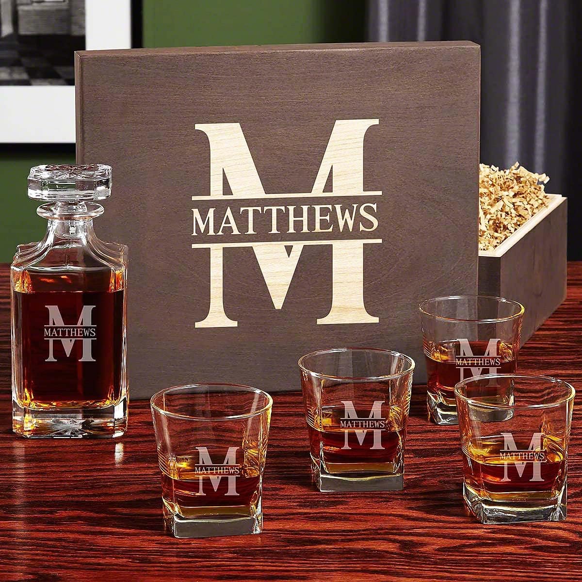 Personalized Whiskey Decanter Set with 4 Glasses and Custom Wood Box - 9 Design Options - Bourbon Glass Set