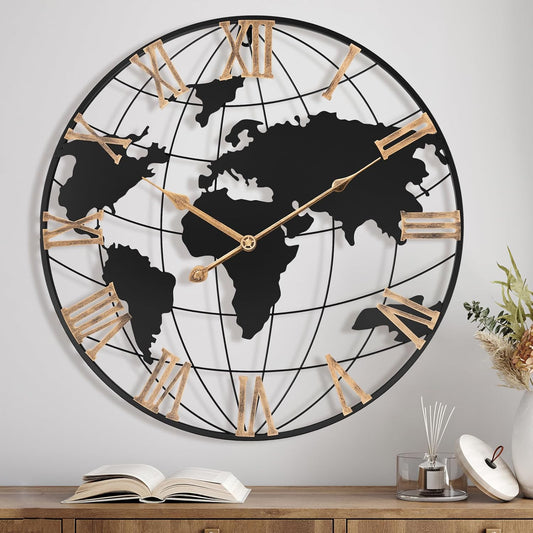 20 Inch Large Wall Clock for Living Room Decor,Big Modern Decorative Silent World Map Metal Wall Clock with Vintage Gold Roman Numeral for Office,Living Room,Kitchen,Dining Room
