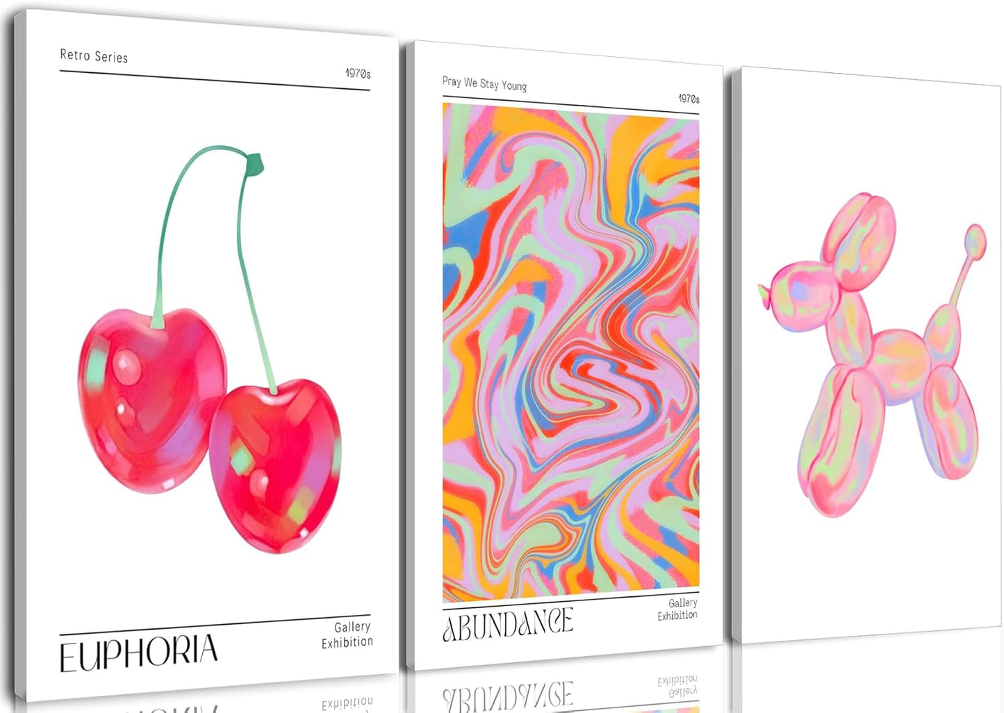 Framed Pink Preppy Wall Art Set of 3 Trendy Cute Balloon Dog Cherry Posters Abstract Aura Canvas Prints Modern Colorful Painting Retro Pop Art Decor Positive Picture for Living Room Bedroom 12x16in