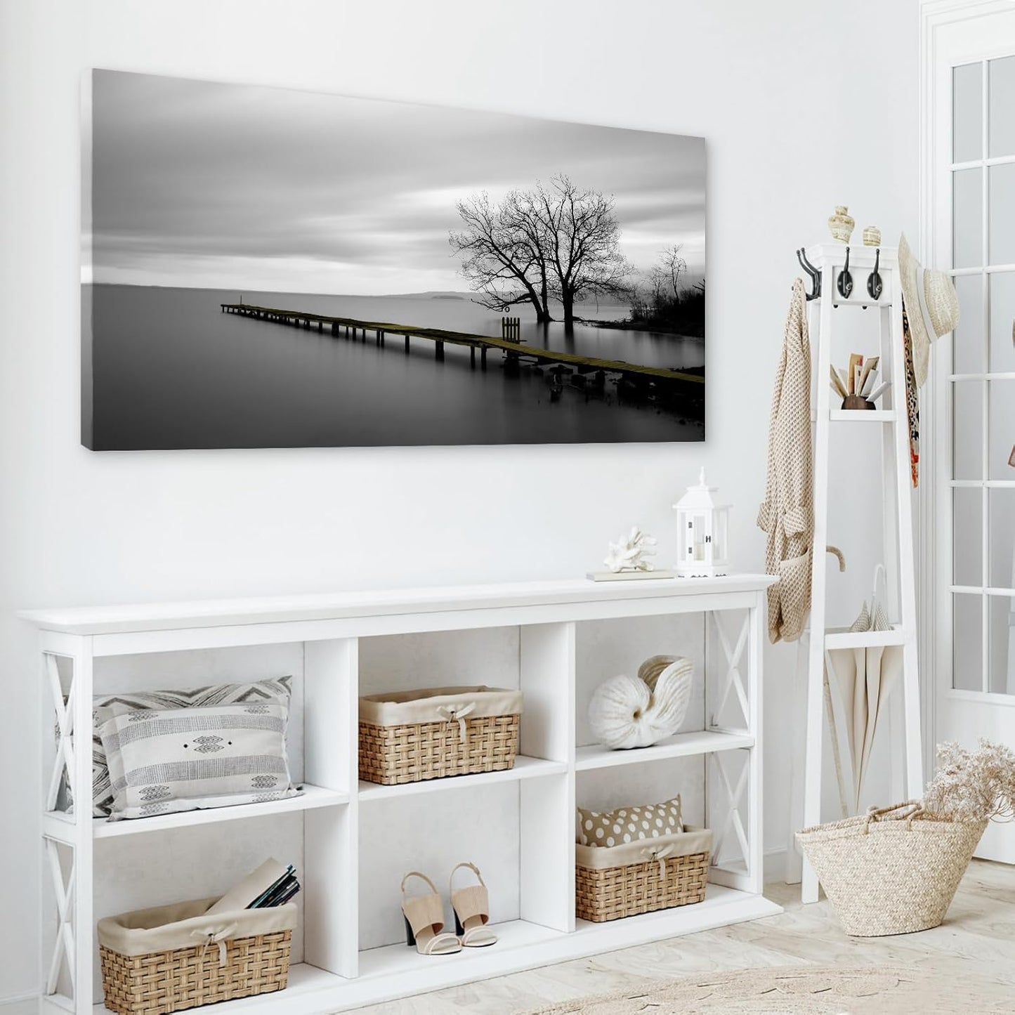 DZL Art S74998 Gray Canvas Prints Modern Minimalist Black and White Lake Trees Landscape Wall Art Painting for Living Room Bedroom Decor Office Wall Decor Home Decoration