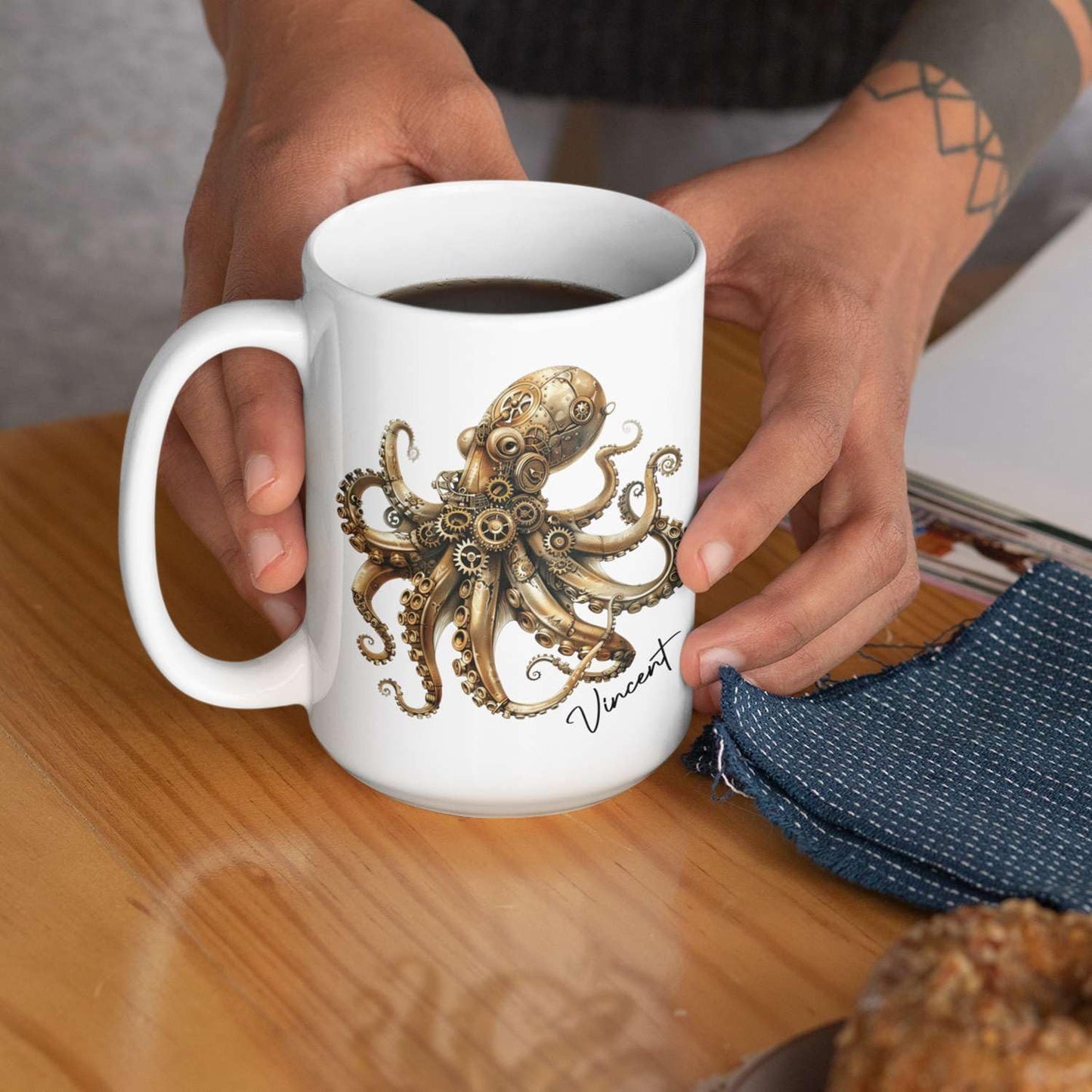 Personalized Unique Name Ceramic Mug 11oz, Customized Steampunk Octopus Mug With Mechanical Themed, Gear-Filled Octopus White Coffee Mug, Gift For Friends, Coworkers, Kids Mug