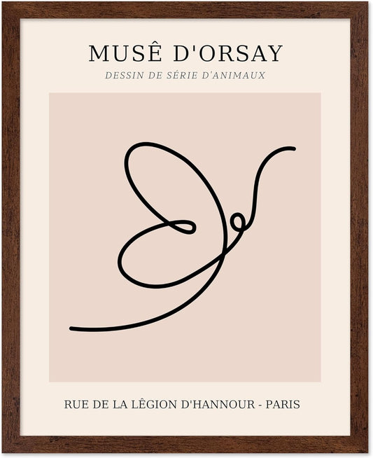 Poster Master Vintage Poster - Retro One Line Butterfly Drawing Print - Butterfly Line Art - Minimal Gift for Him, Her, Animal Lover - Abstract Decor for Home, Office, 8x10 Brown Framed