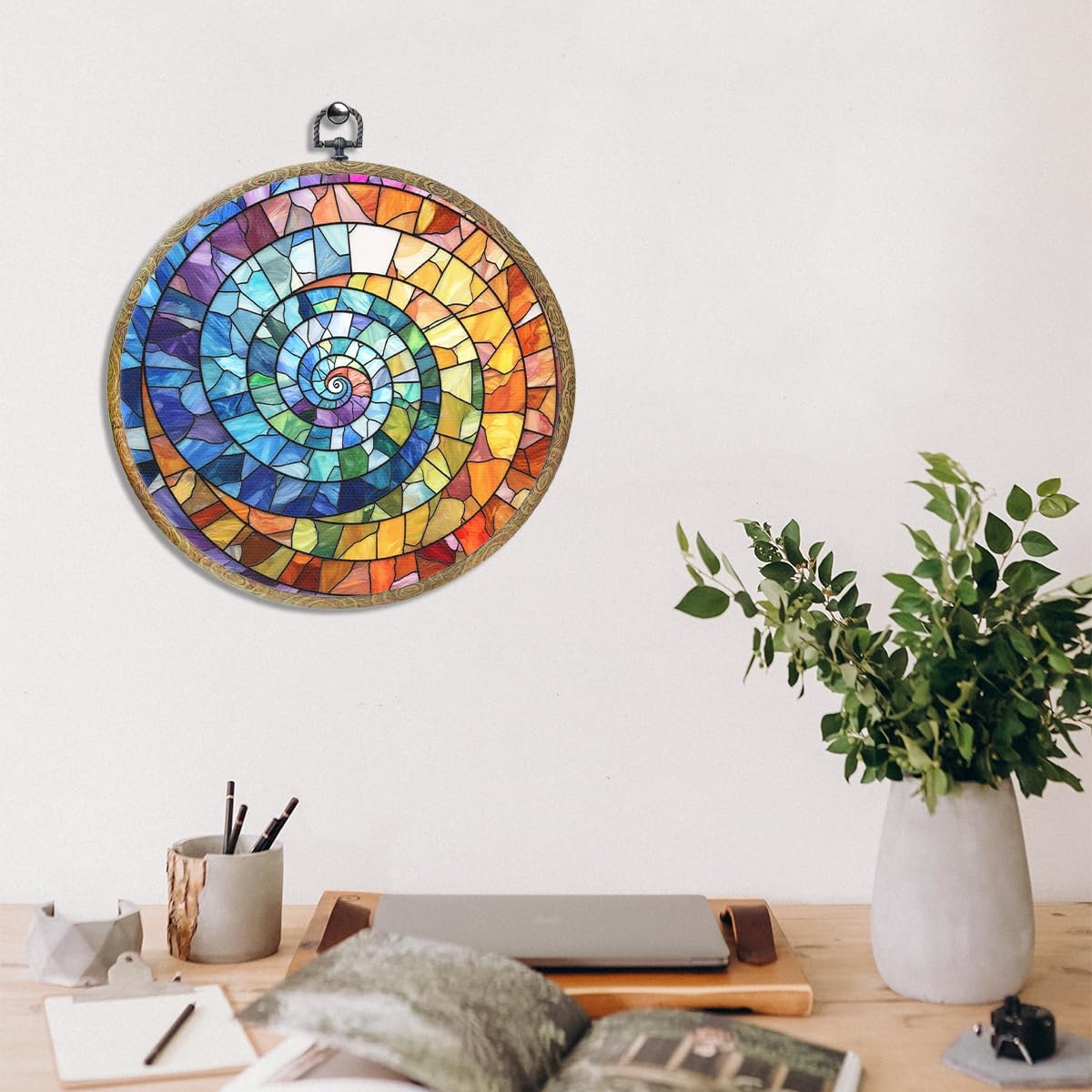Colorful Boho Rainbow Geometric Spiral Sun Art Gift Framed Round Wall Decor Canvas Wall Art Hanging Prints Artwork for Home Office Porch Nursery Bedroom Living Room Decorations 10.2X10.2 Inch