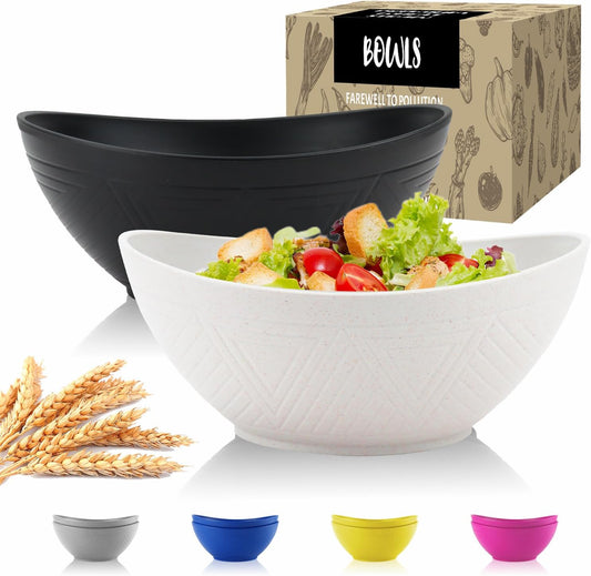 Big Wheat Straw Bowls,Unbreakable Large Salad Bowls,Dishwasher and Microware Safe Plastic Bowls Reusable,Kitchen Bowl Set for Salad,Cereal,Soup and Oatmeal.Black and White