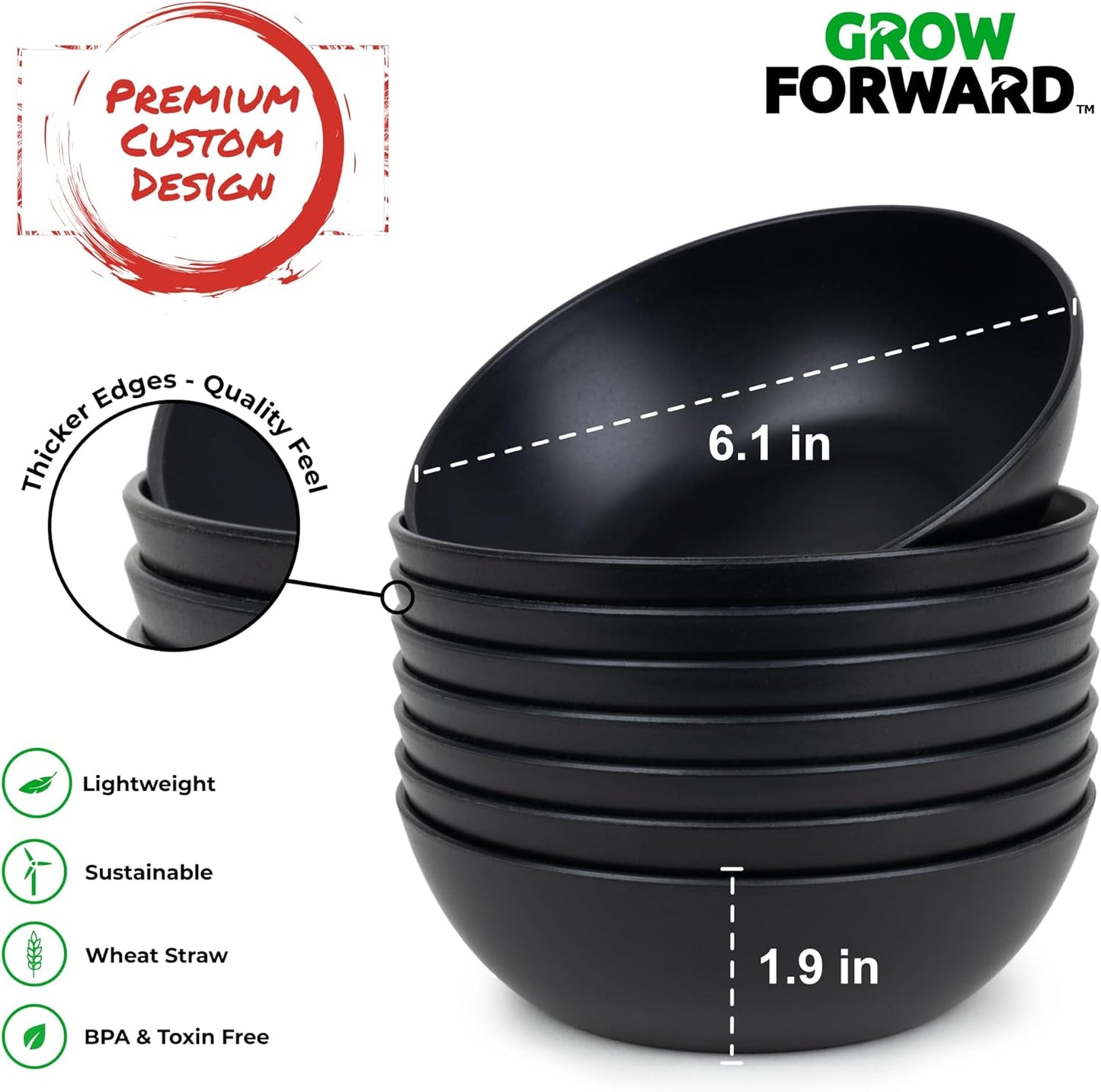 Grow Forward Premium Wheat Straw Bowls - 20oz Microwave Safe Plastic Cereal Bowls Set of 8 for Kitchen, Camping, RV, Dessert, Snack, Soup, Salad, Fruit - Reusable, Unbreakable & BPA Free - Midnight