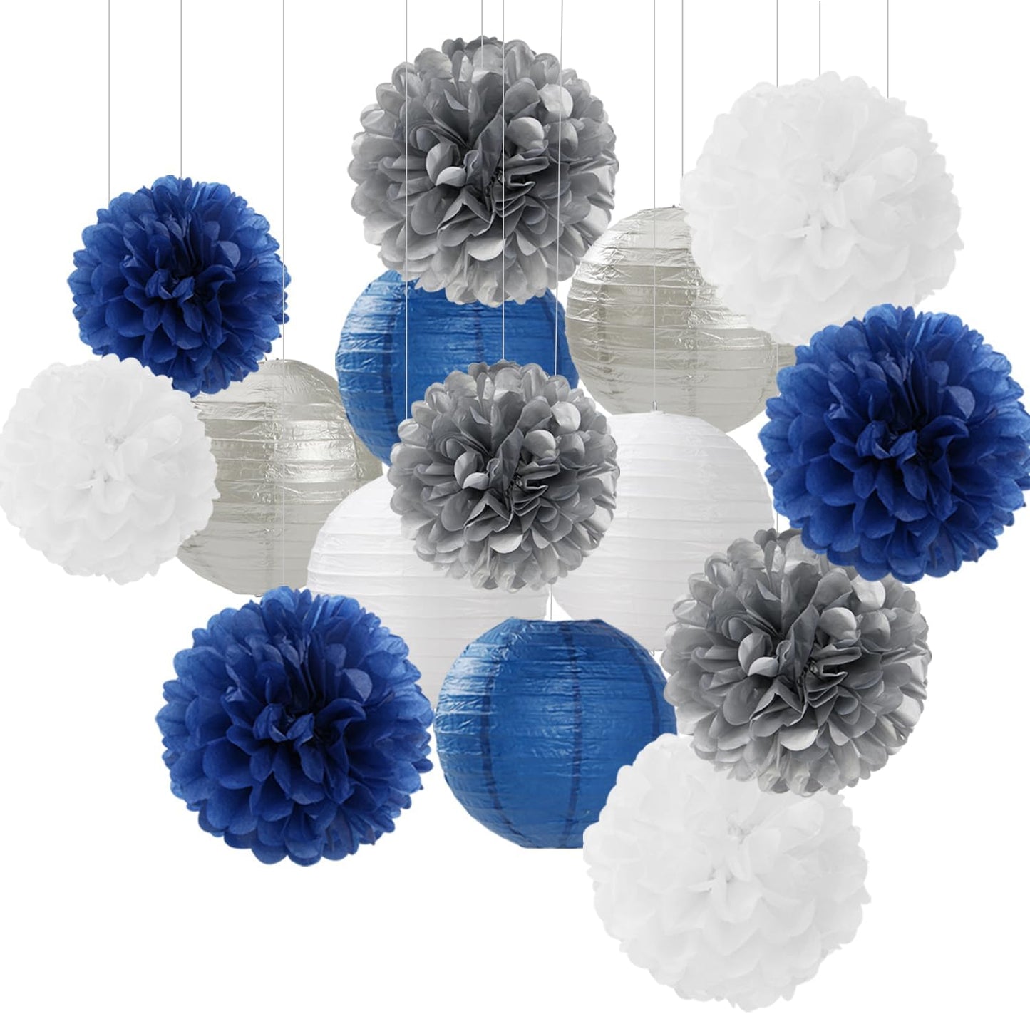 Navy-Blue Silver Party-Decorations Paper-Flowers Lanterns - 15PCS Birthday Royal White Wedding Tissue Pom Poms Streamers,Baby Bridal Shower Bachelorette Graduation Hanging Supplies Decor Hugfond