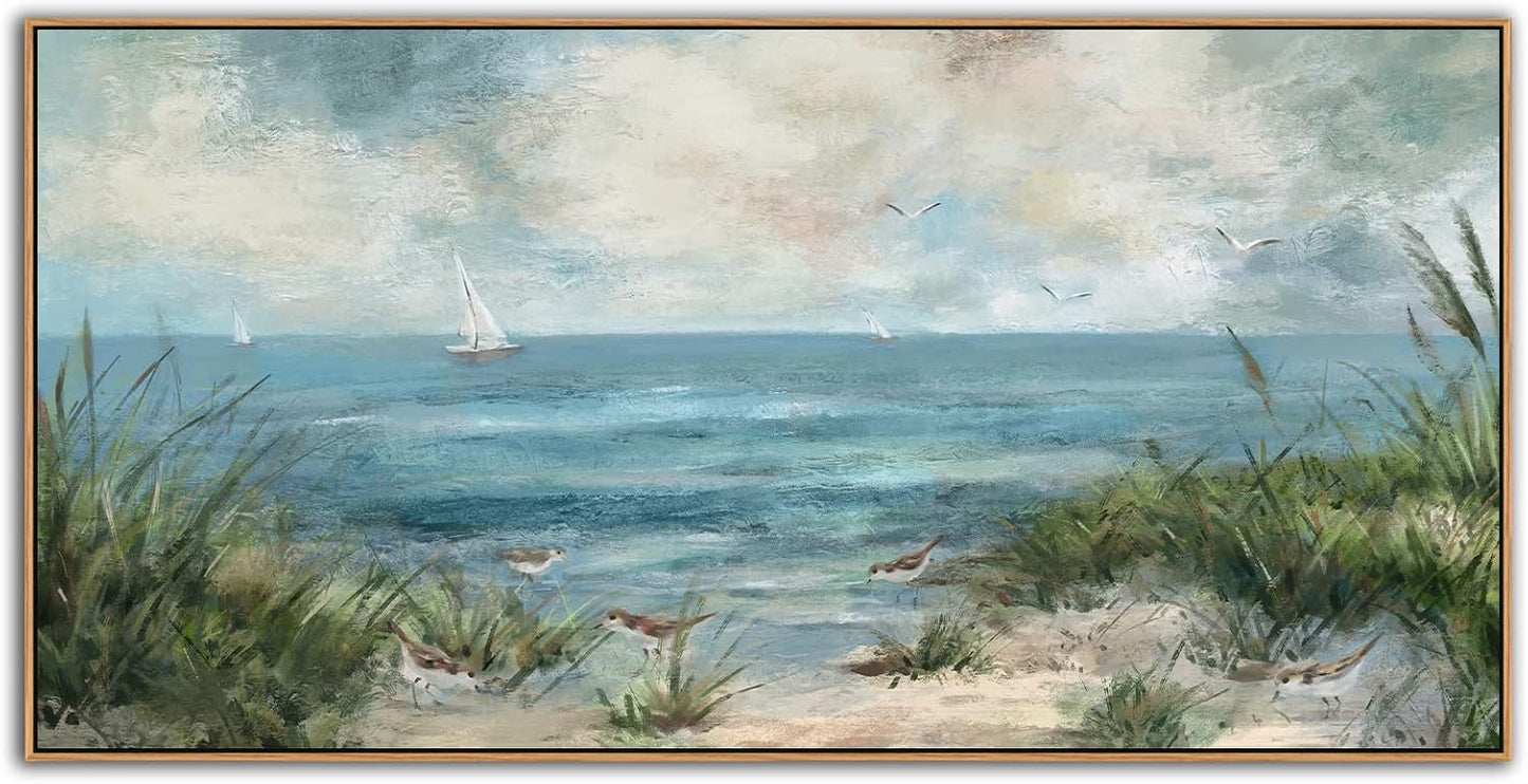 Sea Beach Vintage Seascape Canvas Prints Wall Decor Ocean Sailboat Seagull Beach Bird Reed Canvas Painting Artwork Living Room Bedroom Decoration Natural Framed
