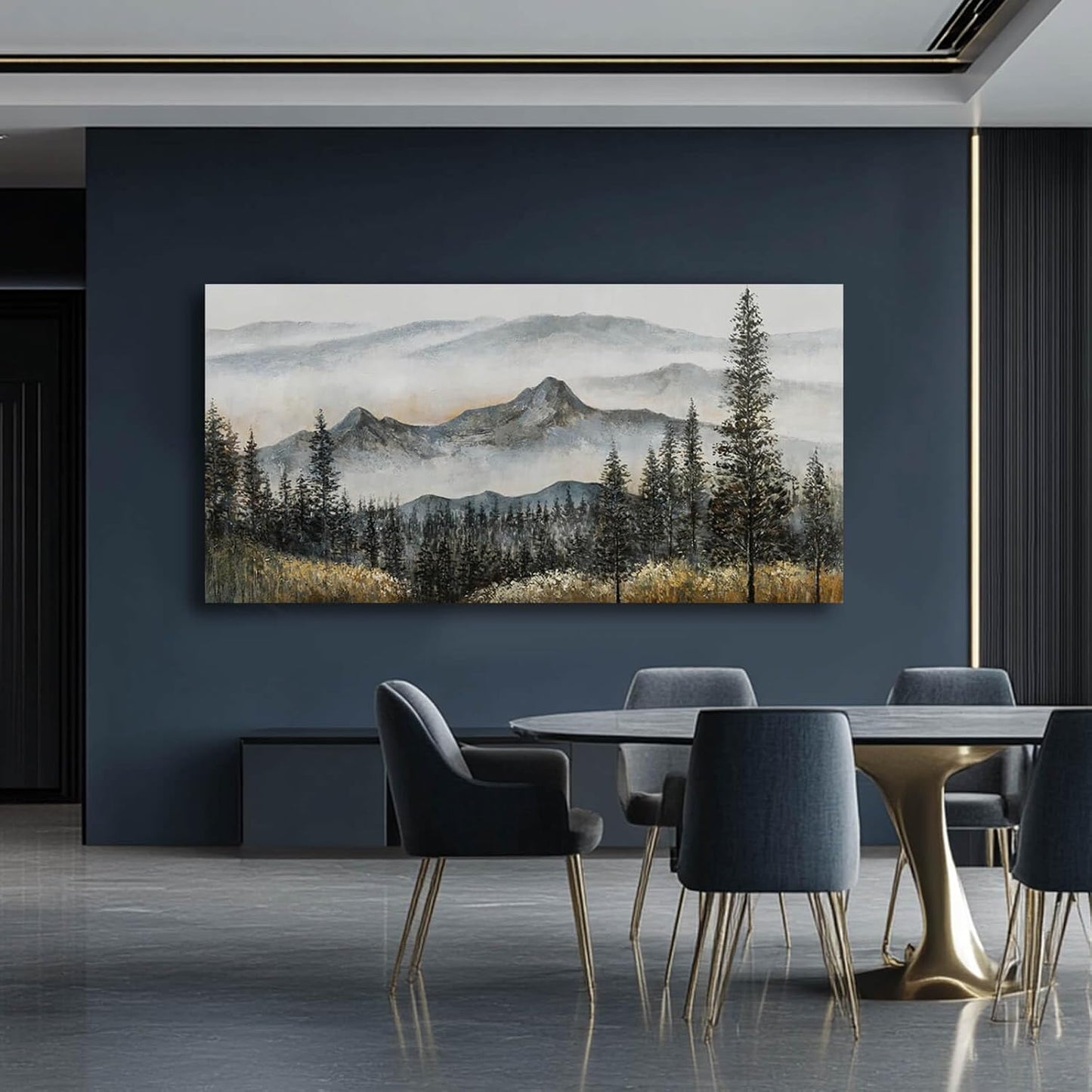 Foggy forest Wall Decor,Framed Canvas Wall Art, Large Artwork Green Mountain Pictures Boho Pine Tree Wall Painting Mountains Landscape Art for Home Living Room Office 29"x58"