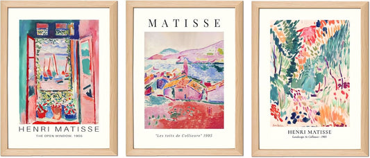 Wooden Framed Matisse Wall Art Set of 3 Abstract Henri Matisse Posters Vintage Flower Market Canvas Prints Open Window Painting Artwork Picture Aesthetic Room Decor for Bedroom Living Room 12x16in
