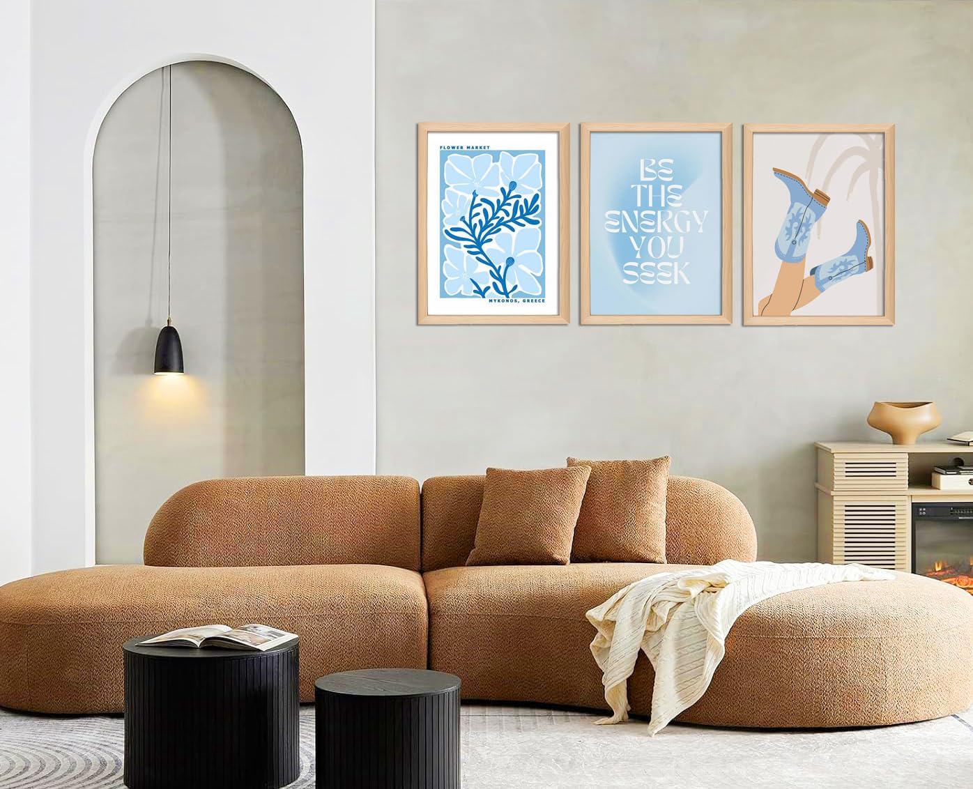 Blue Preppy Canvas Wall Art Set of 3 Trendy Cowgirl Boots Home Decor Flower Market Posters Prints Coastal Aesthetic Painting Picture for Girls Bedroom Bathroom Living Room Dorm 16x24Inch Wood Framed