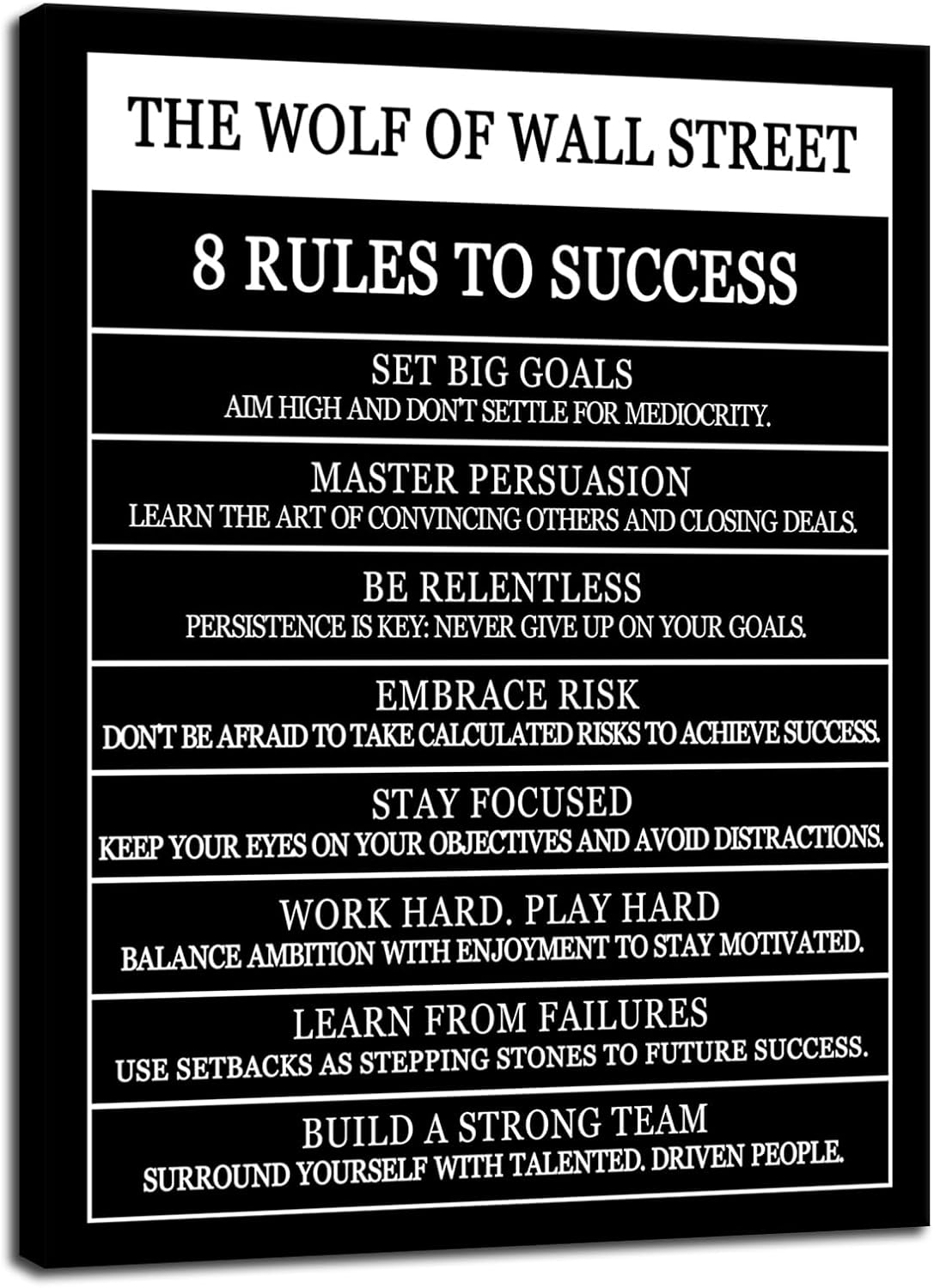 Motivational Wall Art The Wolf Of Wall Street 8 Rules To Success Printed Canvas Poster Inspirational Wall Decor for Office Hallway Gym Bedroom Living Room Framed Ready to Hang[18" W X 24" H]