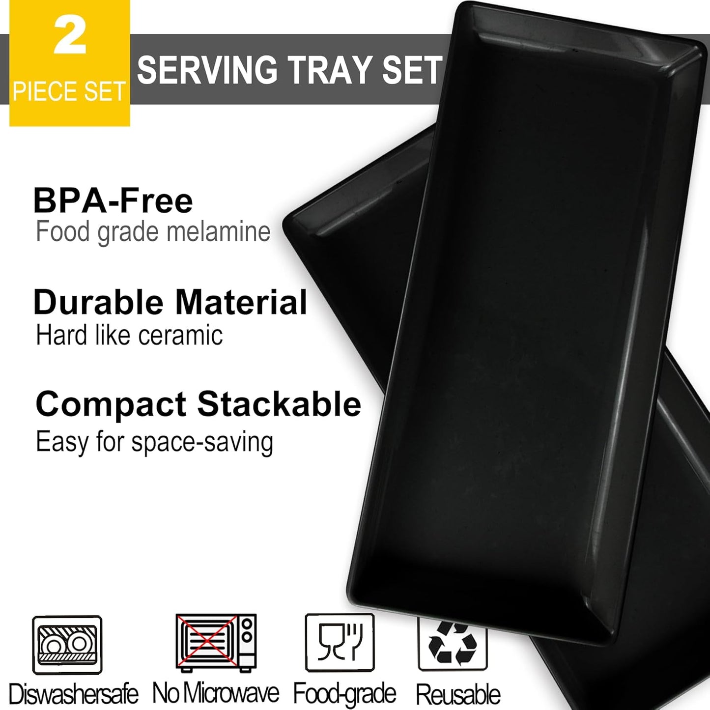 Long Melemine Serving Tray, 17.3x8x1.5 in Serving Platters and Trays for Appetizer, Charcuterie, Bread, Fruit, Dessert, Set of 2, Black